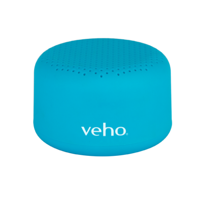 Coluna de som portátil azul Veho com superfícies perfuradas e logótipo branco