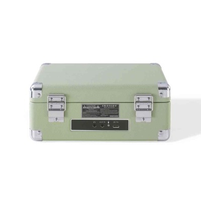 Gira-discos portátil verde claro com cantos metálicos e painel de entradas