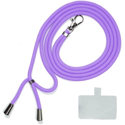 cordão roxo com gancho metálico e placa transparente pequena