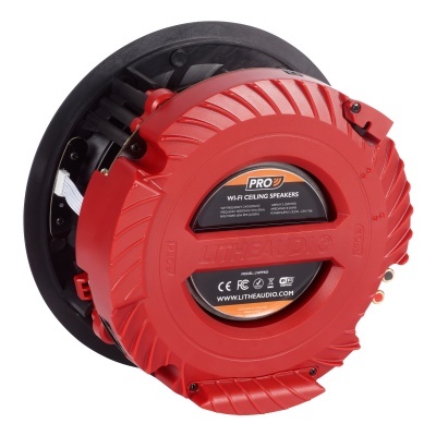 Coluna de teto Wi-Fi Lithe Audio modelo PRO com capa vermelha e base preta