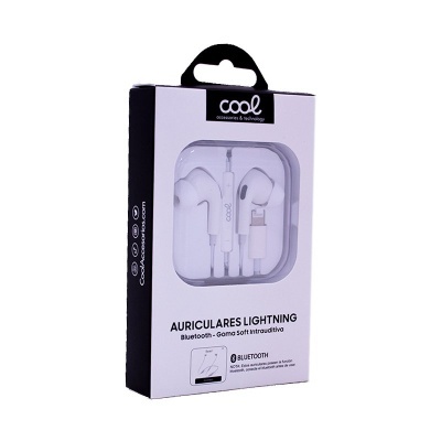 Embalagem de auscultadores lightning brancos com logotipo Cool e texto Bluetooth