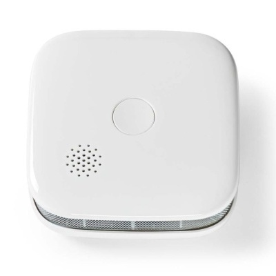 Detetor de fumo branco quadrado com botão e grelha metálica