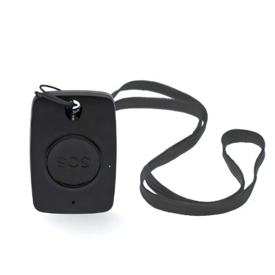 Dispositivo preto retangular com botão SOS e cordão preto