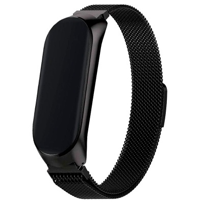 Pulseira inteligente preta com ecrã retangular e bracelete em malha metálica