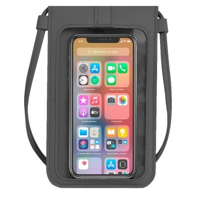 Bolsa preta para telemóvel com alça e janela transparente mostrando ecrã do telemóvel
