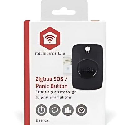 Embalagem de botão preto para SOS Zigbee com texto e ícones.