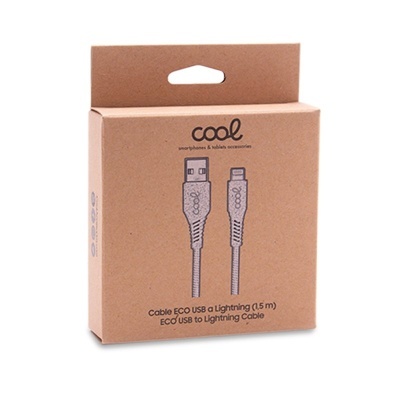 Embalagem de cabo ECO USB a Lightning da marca cool em cartão castanho