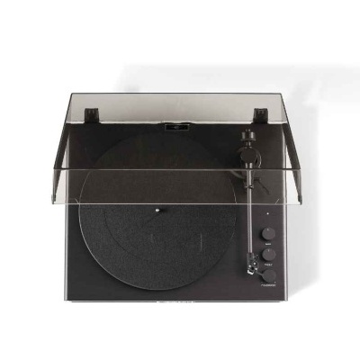 Giradiscos preto com capa transparente e botões
