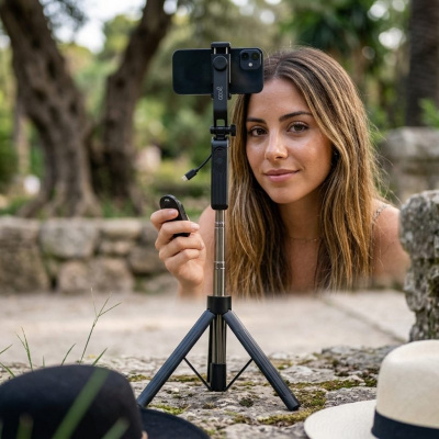 Tripé portátil preto com telemóvel e telecomando em ambiente exterior