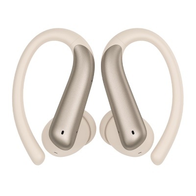 Auriculares sem fios bege com gancho para orelha