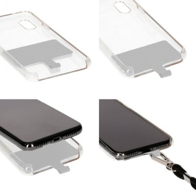 Capa transparente para smartphone com suporte cinzento e cordão preto