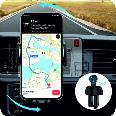 Suporte de telemóvel preto para automóvel com iPhone a mostrar mapa e navegação
