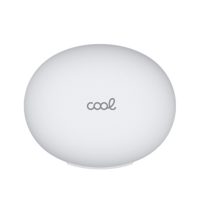 Objeto oval branco com palavra cool em cinzento no centro