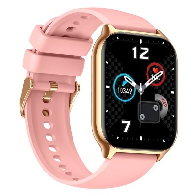 Relógio inteligente dourado com bracelete rosa e mostrador digital preto
