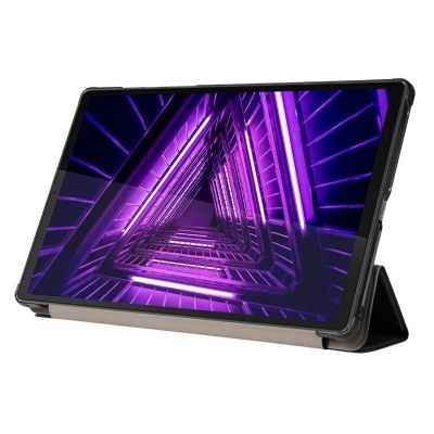 Tablet com capa dobrável e ecrã luminoso com padrão triangular roxo