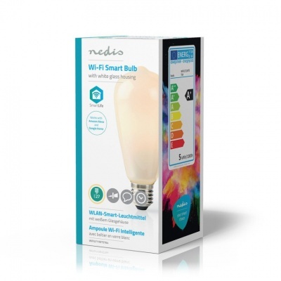 Caixa de embalagem da lâmpada Wi-Fi Smart Bulb Nedis com detalhes em azul e branco