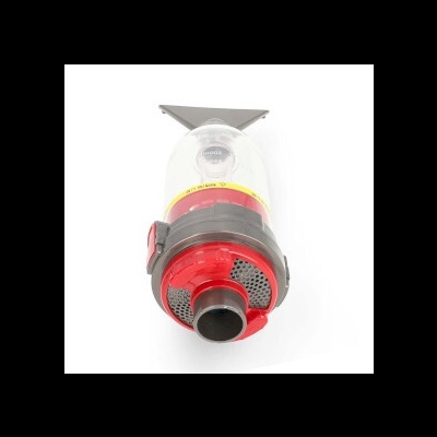 Acessório de máquina de aspiração cilindrico em plástico transparente, vermelho e cinzento com grelha metálica