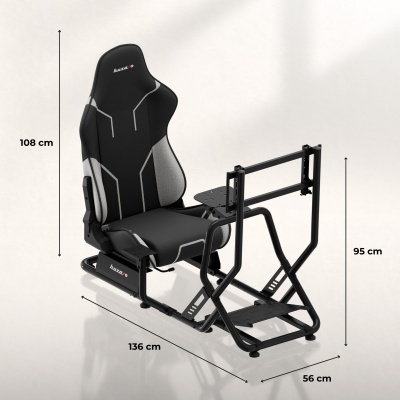 Cadeira de gaming preta e cinza com estrutura metálica e suporte frontal