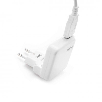 Carregador elétrico branco com ficha europeia e cabo USB