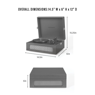 Gira-discos preto com tampa aberta, agulha, prato giratório e grelha frontal prateada