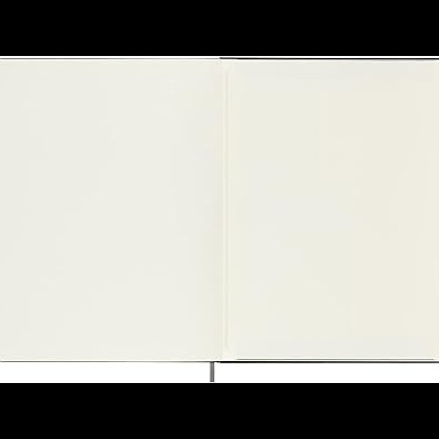 Caderno aberto com páginas brancas e capa preta