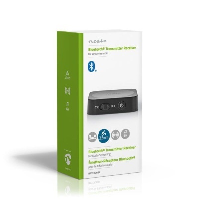 Embalagem de Transmissor e Receptor Bluetooth Nedis branco e verde com imagem do dispositivo preto