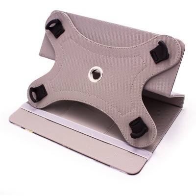 Suporte para tablet cinza com presilhas pretas e fundo branco