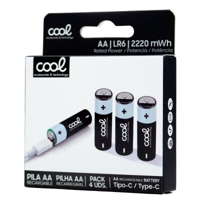 Caixa de pilhas recarregáveis AA Cool com 4 unidades e características técnicas