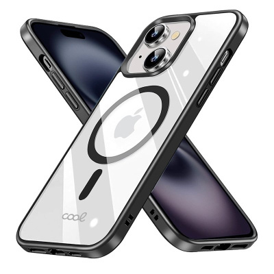 Dois telemóveis com capas transparentes e moldura preta com design circular e cool