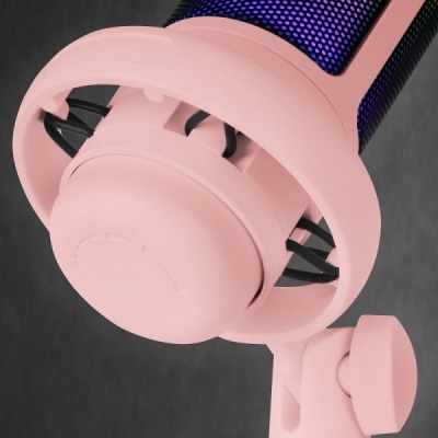 Microfone de estúdio rosa com detalhe roxo e suporte ajustável