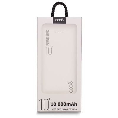 Power bank branco com capacidade 10.000mAh em embalagem branca com alça preta