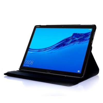 Tablet Huawei preto em capa inclinada com ecrã azul e fundo de onda.