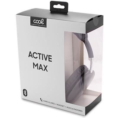 Pack de auscultadores Over Ear cinza escuro com embalagem branca e texto ACTIVE MAX