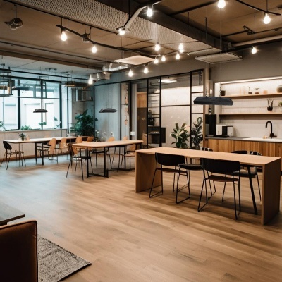 escritório moderno com mesas de madeira clara e cadeiras pretas