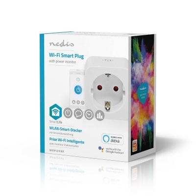 Caixa de tomada inteligente Wi-Fi Nedis SmartLife branca com texto e ícones.
