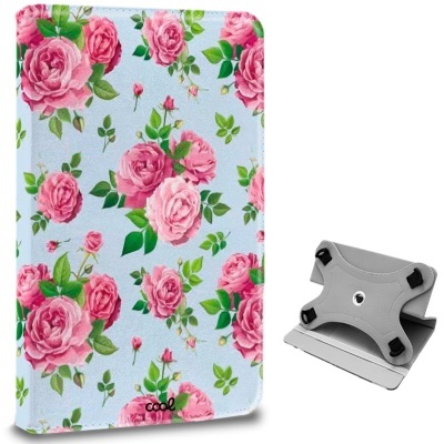 Capa para tablet azul com rosas cor-de-rosa e suporte cinzento