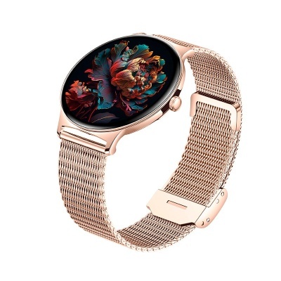 Relógio inteligente rose gold com bracelete metálica e mostrador arredondado colorido