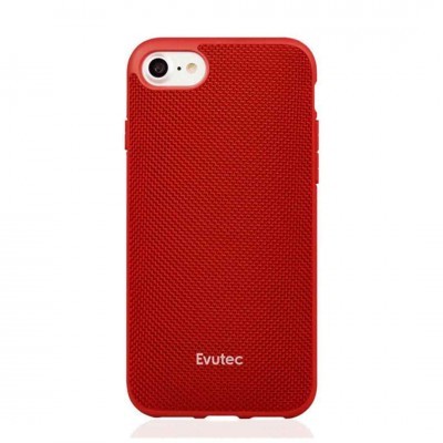Capa de smartphone vermelha com textura pontilhada e texto Evutec
