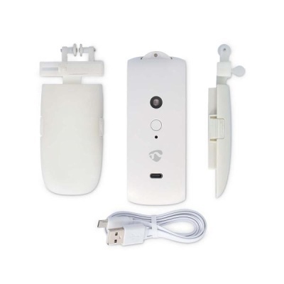 Dispositivo eletrónico branco com cabo USB e duas tampas removíveis