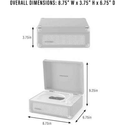 Gira-discos branco CROSLY com tampa aberta e fechada e dimensões indicadas.