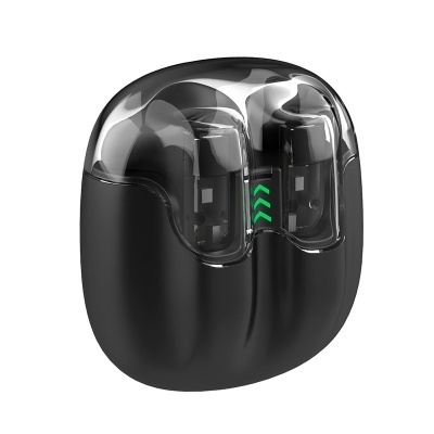 Estojo preto com tampa transparente e dois auriculares sem fios pretos