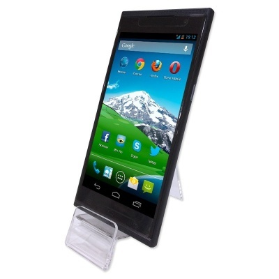 Smartphone preto com ecrã táctil e ícones de apps, numa base transparente