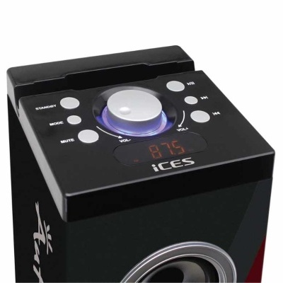 coluna de som preta com botões e mostrador digital