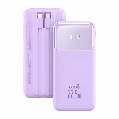 Powerbank lilás com cabos integrados e painel LED indicador de carga