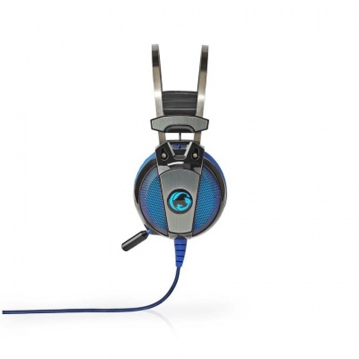 Headset com auricular azul, microfone e cabo azul