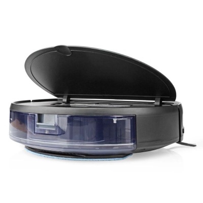 Aspirador robô preto com tampa aberta