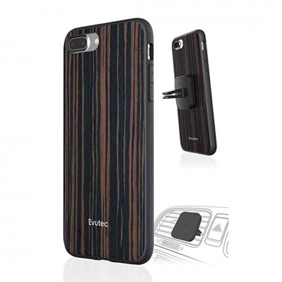 Capa para smartphone Evtetec com padrão madeira escura e suporte para carro