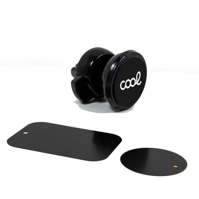 Suporte para telemóvel automóvel preto com duas placas metálicas pretas retangular e oval.