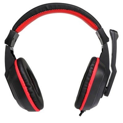 Headphones gaming pretos com detalhes vermelhos e microfone ajustável