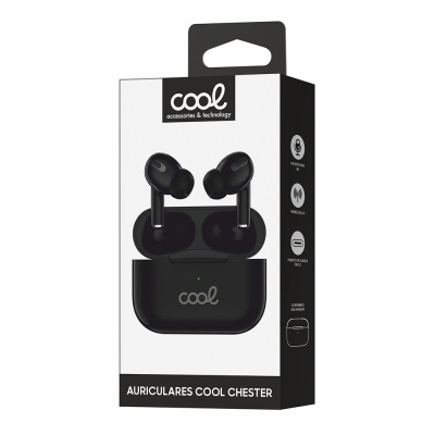 Auriculares sem fios pretos com estojo de carregamento em embalagem da marca Cool